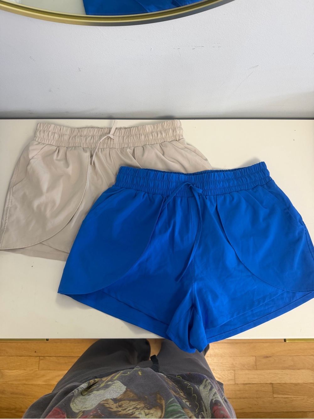Sincerly Jules Tulip-Hem Athletic Shorts in Blue and Beige